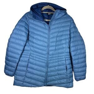 Lands End Womens L Blue Hooded Down Quilted Puffer Coat Winter Snow Lightweight
